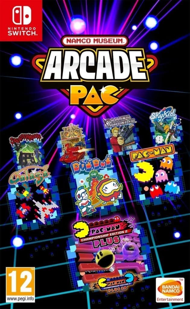 Namco Museum Arcade Pac game box art for Nintendo Switch featuring Pac-Man and classic arcade titles.
