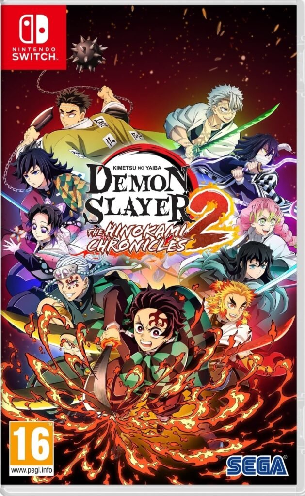 Demon Slayer The Hinokami Chronicles 2 video game case for Nintendo Switch featuring various anime characters.