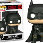 Funko Pop! The Batman (2022) #1187 vinyl figure featuring Robert Pattinson’s Batman in black tactical Batsuit with cape and bat emblem, collectible from DC and Warner Bros. movie.