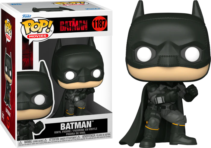 Funko Pop! The Batman (2022) #1187 vinyl figure featuring Robert Pattinson’s Batman in black tactical Batsuit with cape and bat emblem, collectible from DC and Warner Bros. movie.