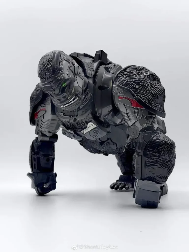 Captain Orangutan in futuristic metal armor leading a powerful jungle army.