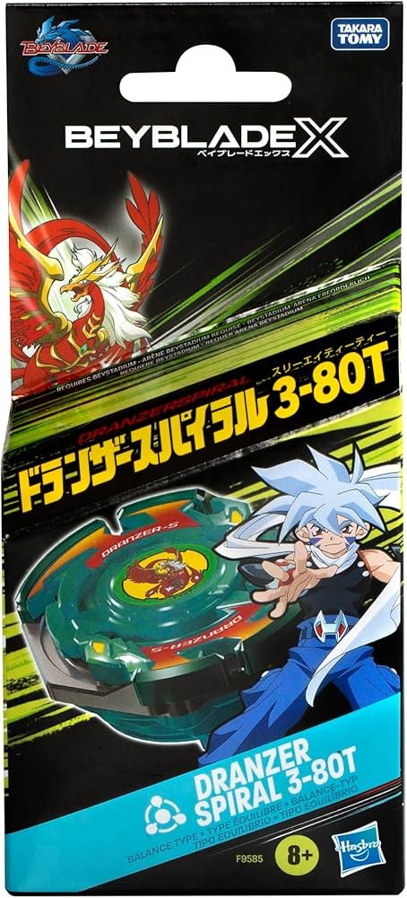 Beyblade X Dranzer Spiral 3-80T Balance Type spinning top toy in original packaging by Hasbro and Takara Tomy.