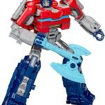 Transformers Optimus Prime action figure holding a light blue Energon battle axe accessory.