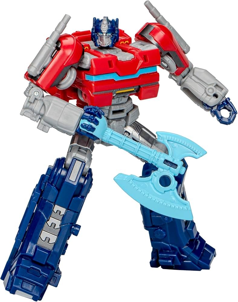 Transformers Optimus Prime action figure holding a light blue Energon battle axe accessory.