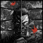Black and white Japanese samurai warrior wall art poster featuring a katana sword and red autumn leaves.