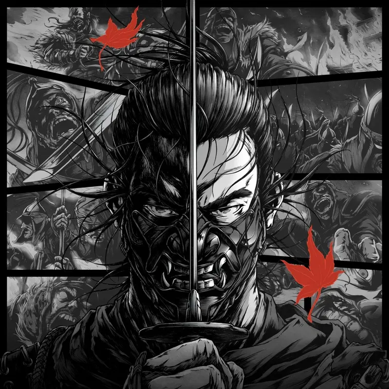 Black and white Japanese samurai warrior wall art poster featuring a katana sword and red autumn leaves.