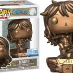 Funko Pop Animation One Piece Nami bronze vinyl figure with box display.