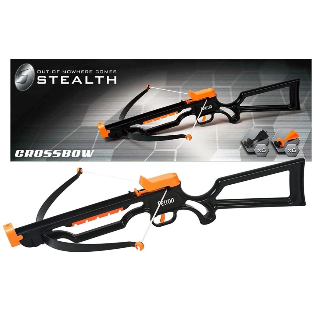 Petron Stealth Crossbow toy in black and orange with suction cup darts.