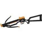 Petron black and orange toy crossbow with a skeletal stock and string.