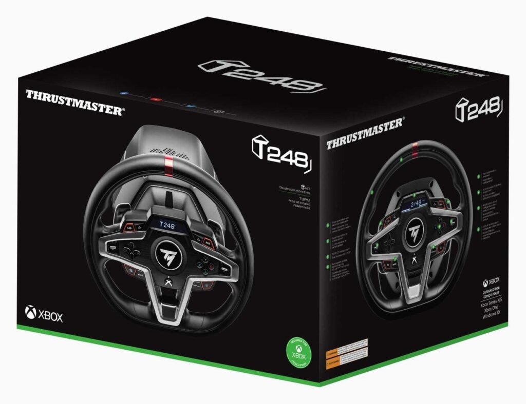 Thrustmaster T248 Racing Wheel and Magnetic Pedals for Xbox and PC in its retail product box.