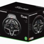 Thrustmaster T248 Racing Wheel and Magnetic Pedals for Xbox and PC in its retail product box.