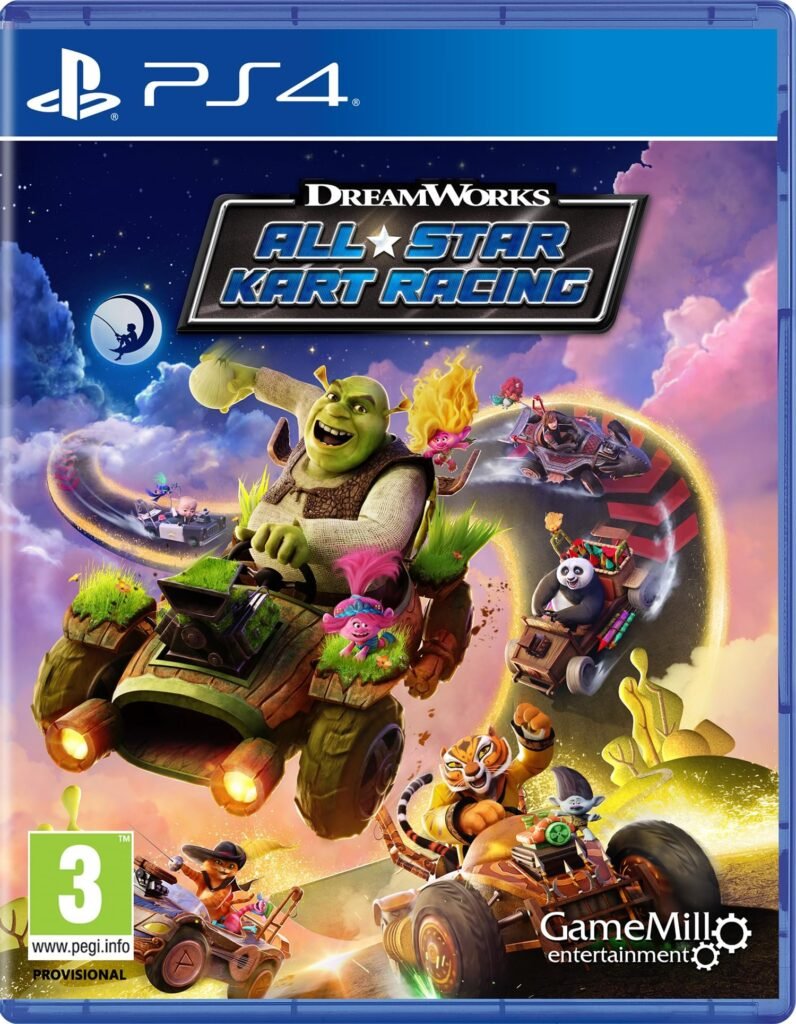 DreamWorks All-Star Kart Racing PS4 game box art featuring Shrek and other characters driving karts on a track.
