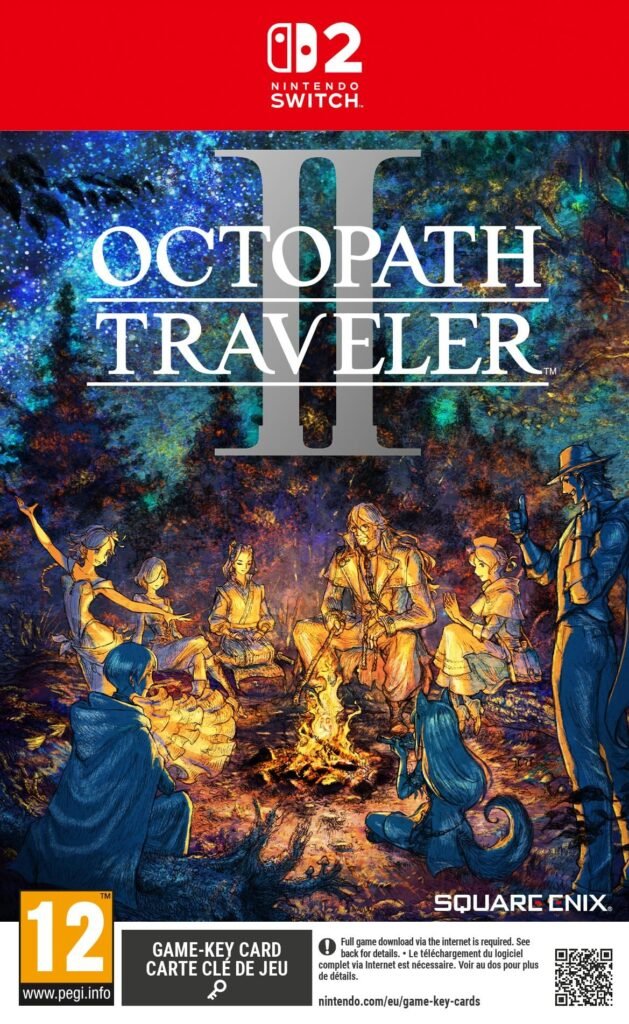 Octopath Traveler II game cover art for Nintendo Switch featuring the eight main characters around a campfire.