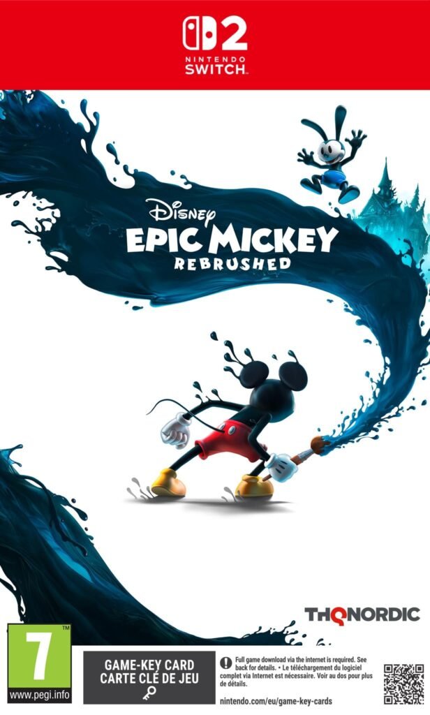 Disney Epic Mickey Rebrushed game key card for Nintendo Switch 2 featuring Mickey Mouse painting with blue ink.