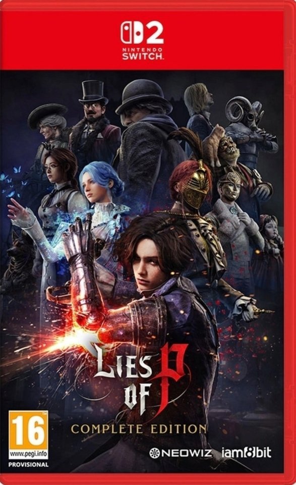 Lies of P Complete Edition video game box art for Nintendo Switch featuring the main character with a mechanical arm alongside various characters and bosses.