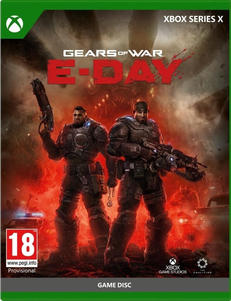 Gears of War E-Day video game cover art for Xbox Series X showing two soldiers holding weapons amid a red fiery background.