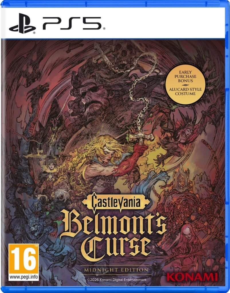 Castlevania Belmonts Curse Midnight Edition physical game box art for PlayStation 5 featuring stylized gothic character artwork against a dark background.