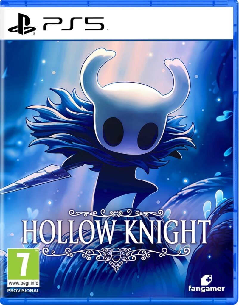 Hollow Knight physical video game case for PlayStation 5 featuring the main character against a blue background.