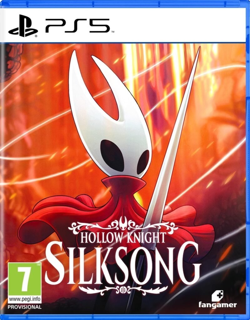 Hollow Knight Silksong PS5 game box art showing Hornet holding a needle against an orange background.