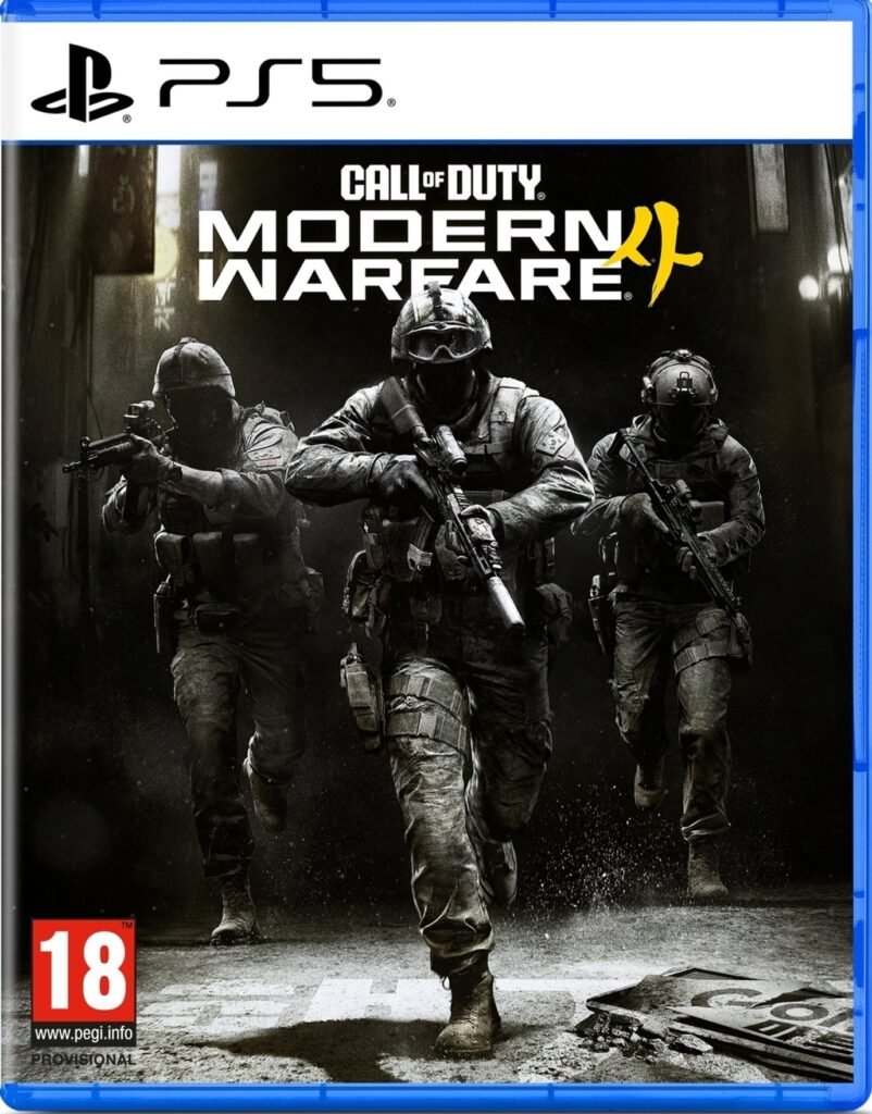 Call of Duty Modern Warfare II PS5 game case showing three soldiers in tactical gear running.