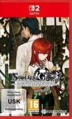 Steins Gate Re Boot physical video game case for Nintendo Switch featuring characters Rintaro Okabe and Kurisu Makise with industrial steampunk gear background artwork.