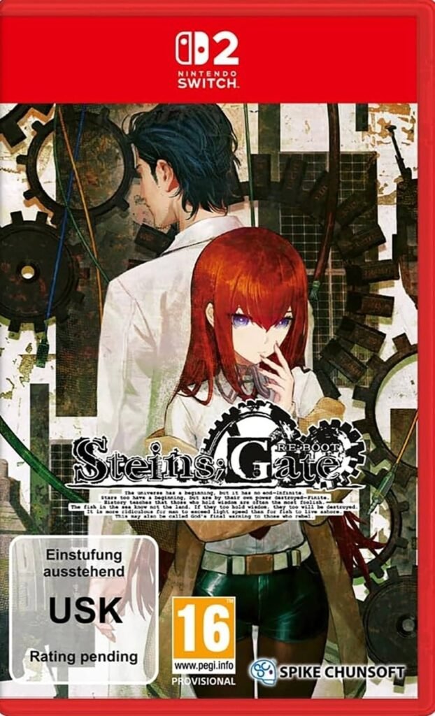 Steins Gate Re Boot physical video game case for Nintendo Switch featuring characters Rintaro Okabe and Kurisu Makise with industrial steampunk gear background artwork.