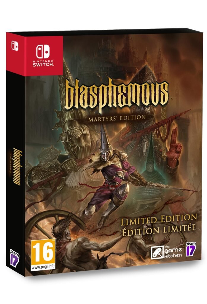 Blasphemous Martyrs Edition physical game case for Nintendo Switch featuring the main protagonist in armor against a gothic background.