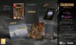 Blasphemous Martyrs Edition for Nintendo Switch bundle showing the game case, art book, soundtrack, and exclusive collectibles.