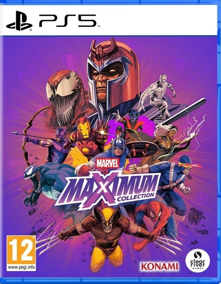 Marvel Maximum Collection video game box art for PlayStation 5 showing iconic Marvel superheroes including Spider-Man, Wolverine, and Iron Man.
