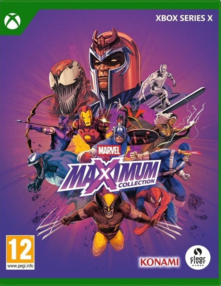 Marvel Maximum Collection video game cover art for Xbox Series X featuring popular superheroes like Wolverine, Spider-Man, and Iron Man.