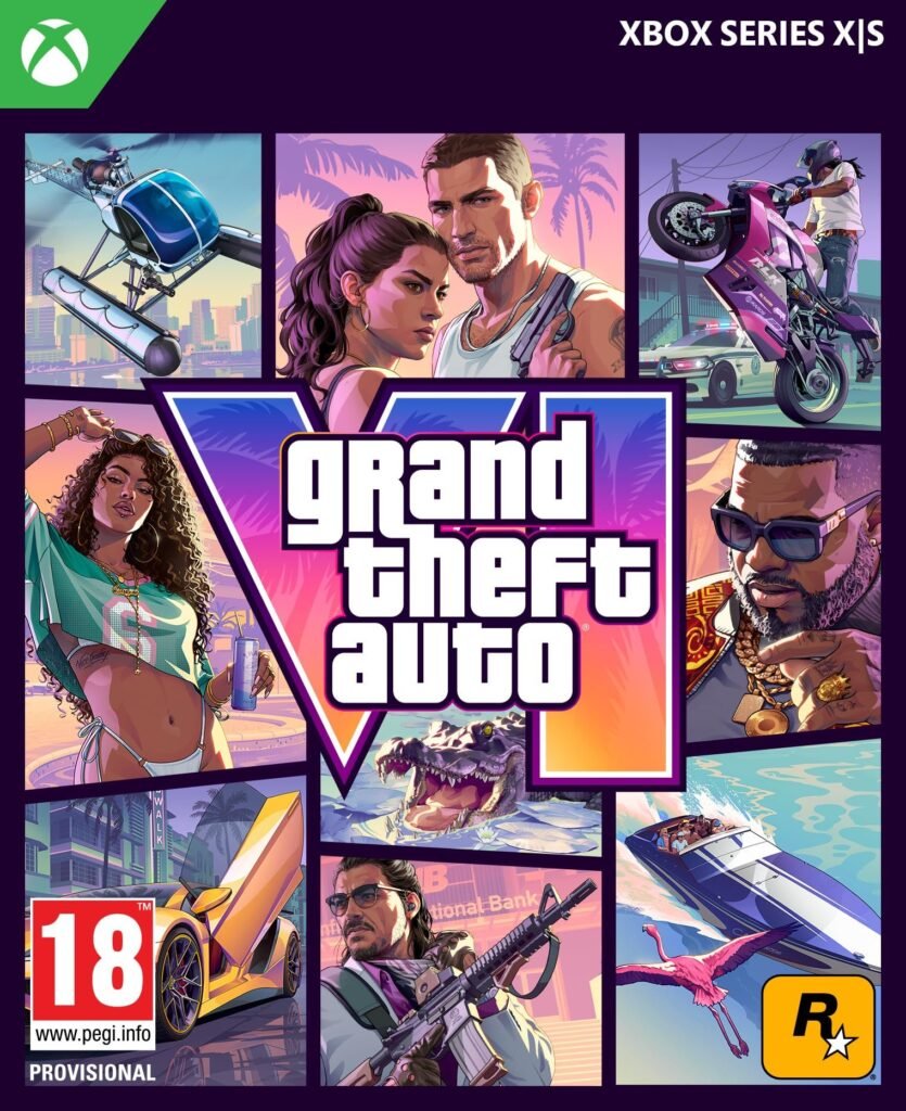 Grand Theft Auto VI Xbox Series X game box art featuring characters and gameplay scenes.
