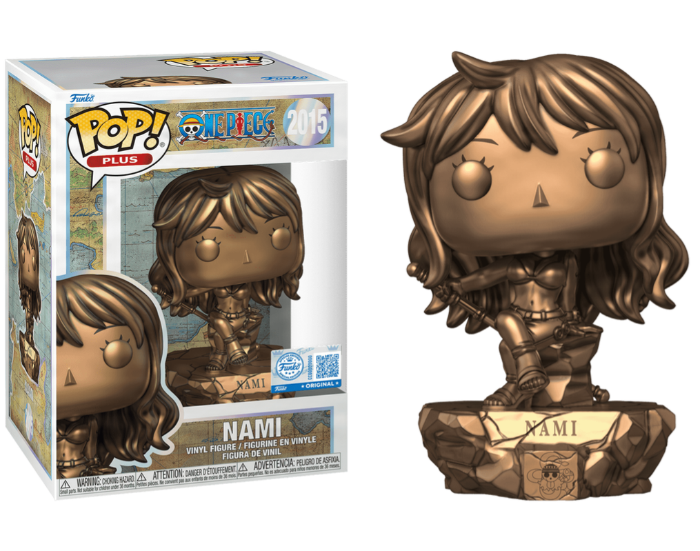 Funko Pop Plus One Piece Nami Metallic Bronze Vinyl Figure with packaging.