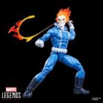 Marvel Legends Series Ghost Rider action figure in a blue suit with flaming head and whip weapon.