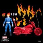 Marvel Legends Series Ghost Rider action figure with blue suit, red motorcycle, and flame accessories.