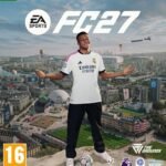 EA Sports FC 27 video game box art for Xbox Series X and Xbox One featuring Kylian Mbappé in a Real Madrid kit overlooking a city skyline.