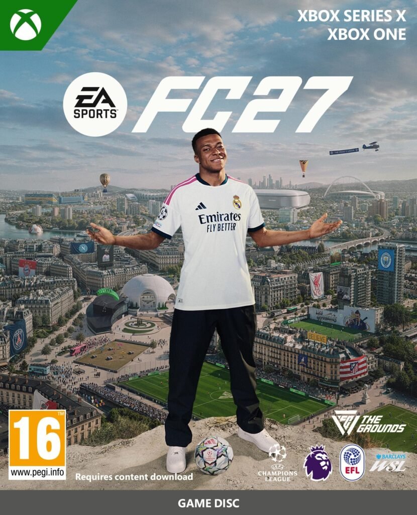 EA Sports FC 27 video game box art for Xbox Series X and Xbox One featuring Kylian Mbappé in a Real Madrid kit overlooking a city skyline.