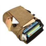 Brown canvas vintage backpack packed with a laptop, tablet, and books showing multi-pocket storage capacity.