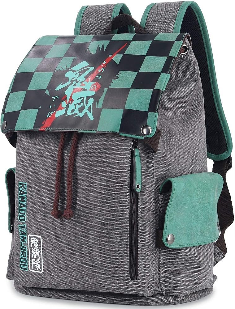 Demon Slayer Kamado Tanjiro green and black checkered canvas anime backpack