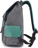 Side view of a vintage dark grey canvas backpack featuring teal green accents and a snap-button side pocket.