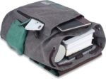 Spacious grey canvas drawstring backpack open to display organized storage capacity with laptop, books, and smartphone.