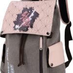 Demon Slayer pink and grey canvas backpack with front flap pocket and drawstring closure.