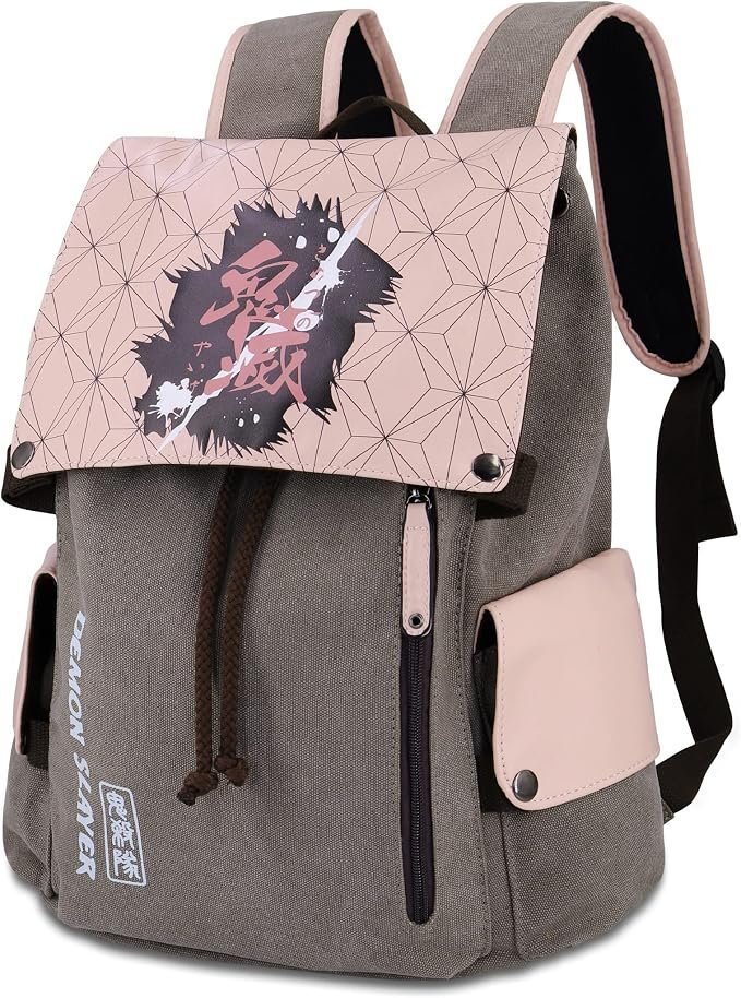 Demon Slayer pink and grey canvas backpack with front flap pocket and drawstring closure.