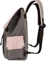 Side view of a grey canvas backpack with pink flap and front pocket.