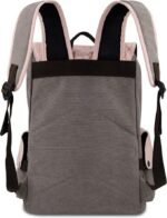 Back view of a grey canvas backpack with adjustable black and pink straps.