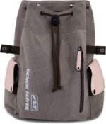 Demon Slayer canvas backpack in grey with brown drawstrings and pink side pockets.