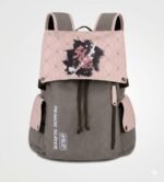Demon Slayer Nezuko pink and grey canvas backpack with flap closure and side pockets.