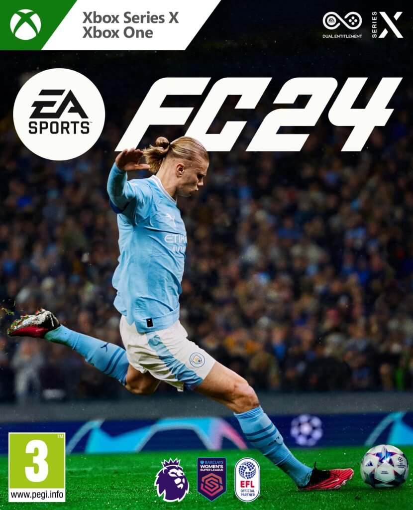 EA Sports FC 24 video game box art for Xbox Series X and Xbox One featuring Erling Haaland kicking a soccer ball.