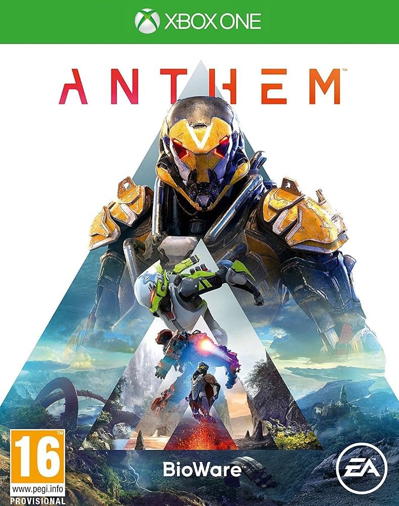Anthem game cover for Xbox One featuring javelin exosuit armor in action.