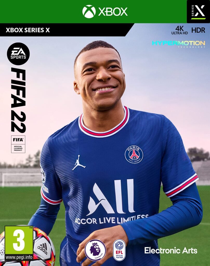 FIFA 22 video game box art for Xbox Series X featuring Kylian Mbappé in a Paris Saint-Germain kit.