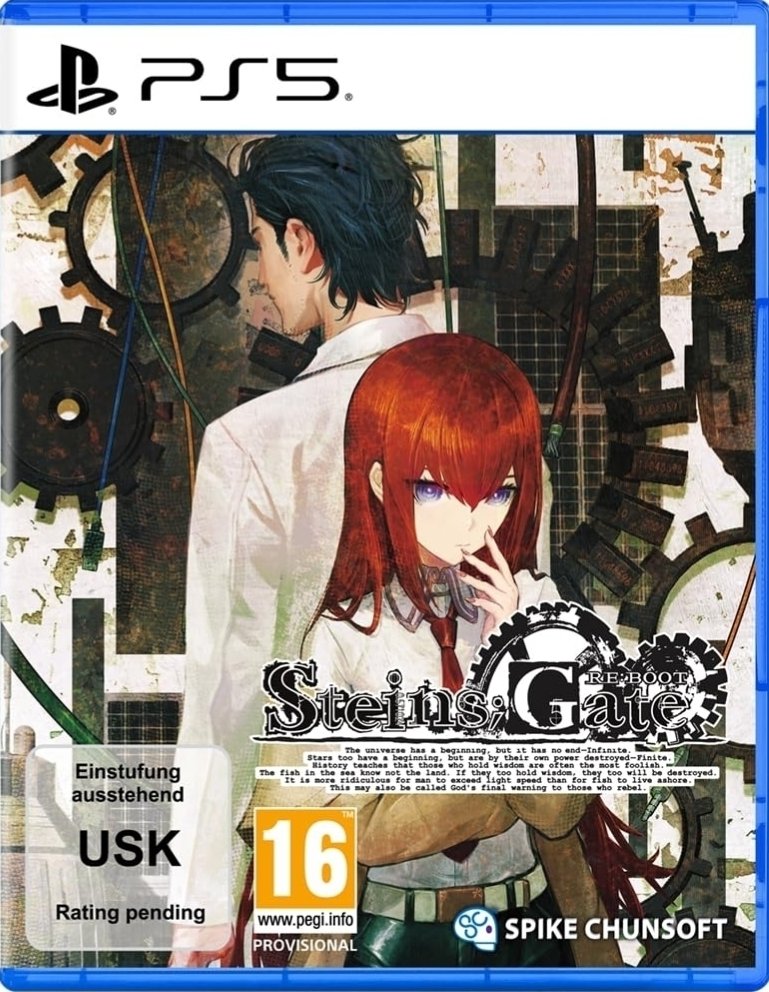 Steins;Gate Re:Boot PS5 game cover featuring characters Rintaro Okabe and Kurisu Makise against a mechanical gear background.